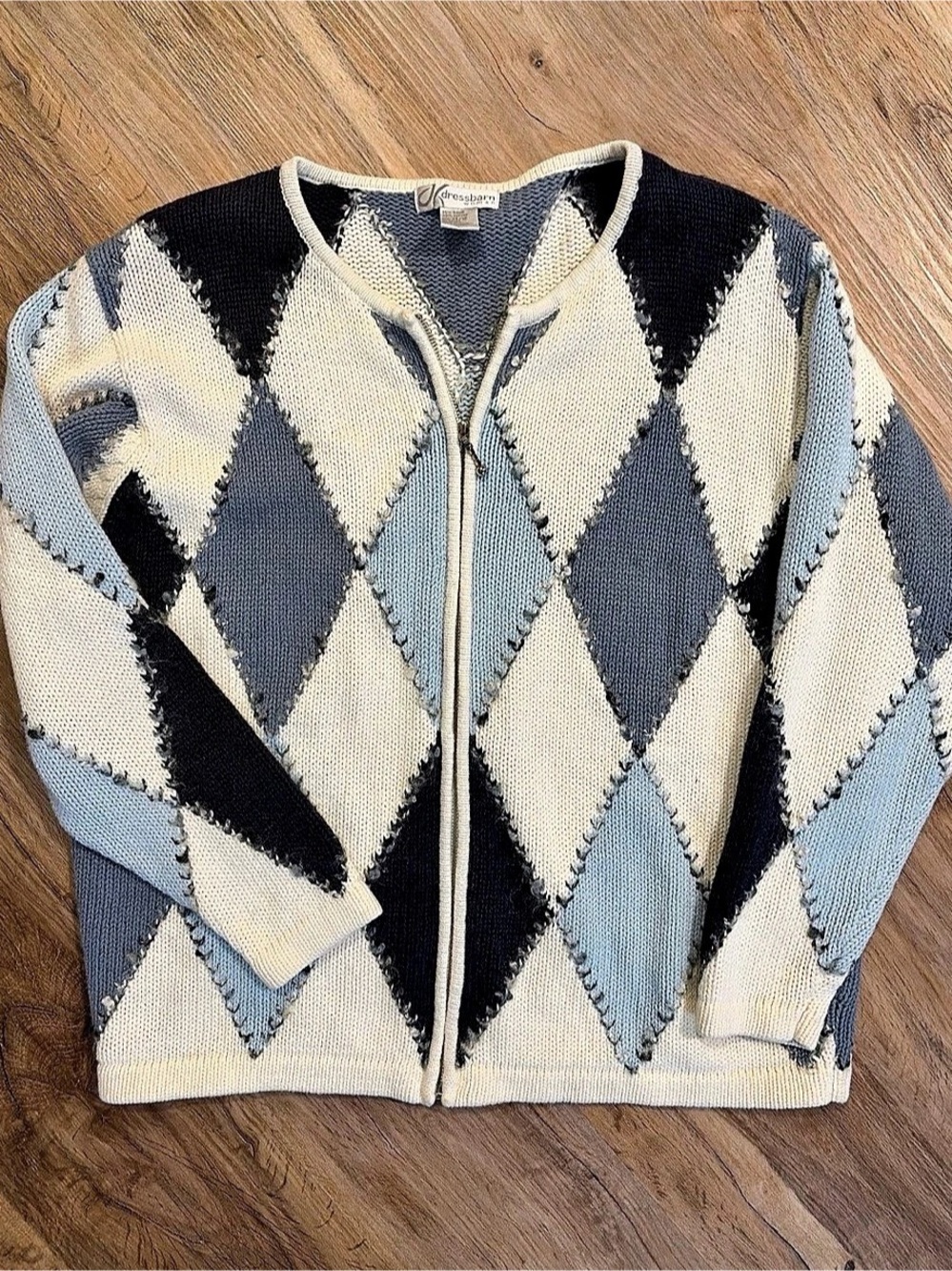 dressbarn Argyle Zip Cardigan in Blue & White Size 14/16 XL women’s